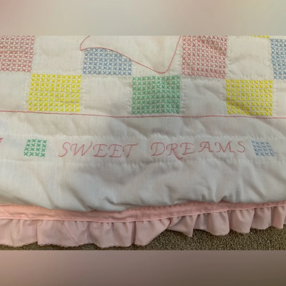 Homemade Pink and White Baby Quilt with Bear Design